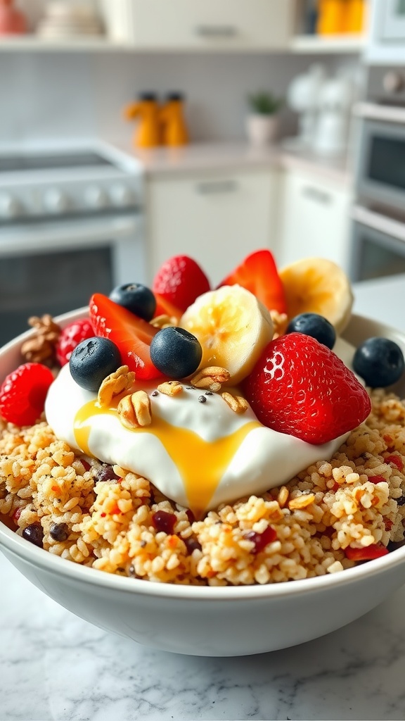 A colorful quinoa breakfast bowl with yogurt, berries, and banana on a light wooden table.